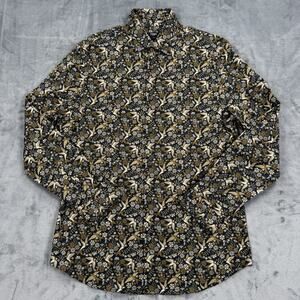 Express Button Up Mens Medium Bird Floral Print Navy Gold Stretch Cotton NWT